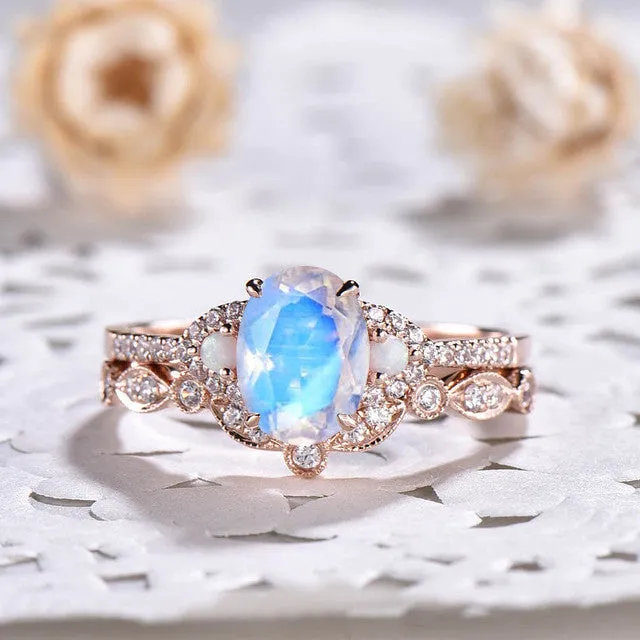 Oval Natural Rainbow Moonstone Bridal Set Moissanite Engagement Ring