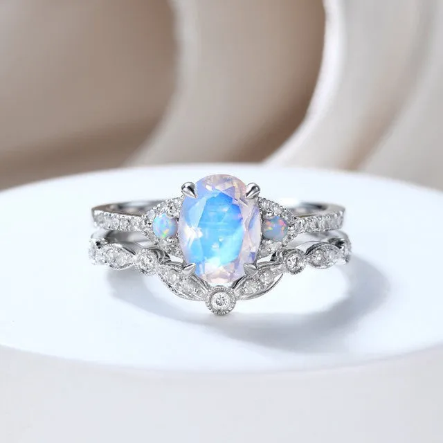 Oval Natural Rainbow Moonstone Bridal Set Moissanite Engagement Ring