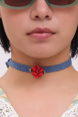 🌻OVER 500🌞GIFT WITH PURCHASE!!🐡 Choker in Blue Linen with Red Ribbon Flower