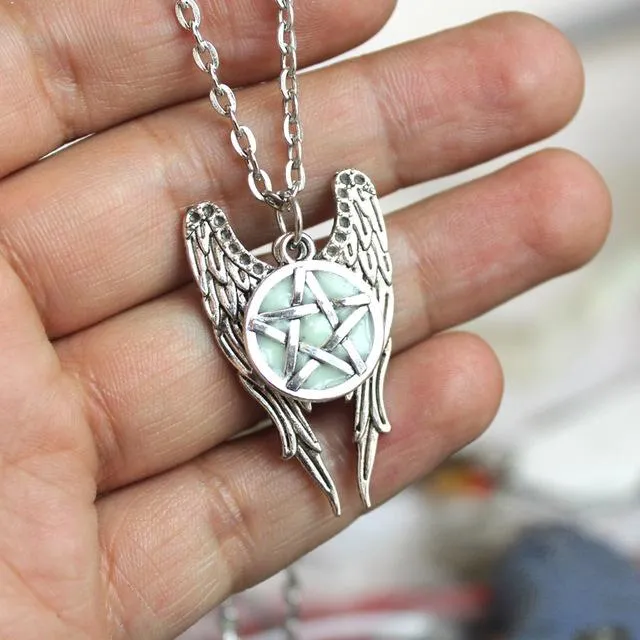 Pentagram Glow In The Dark Pentacle Angel Wings Pendant Necklace