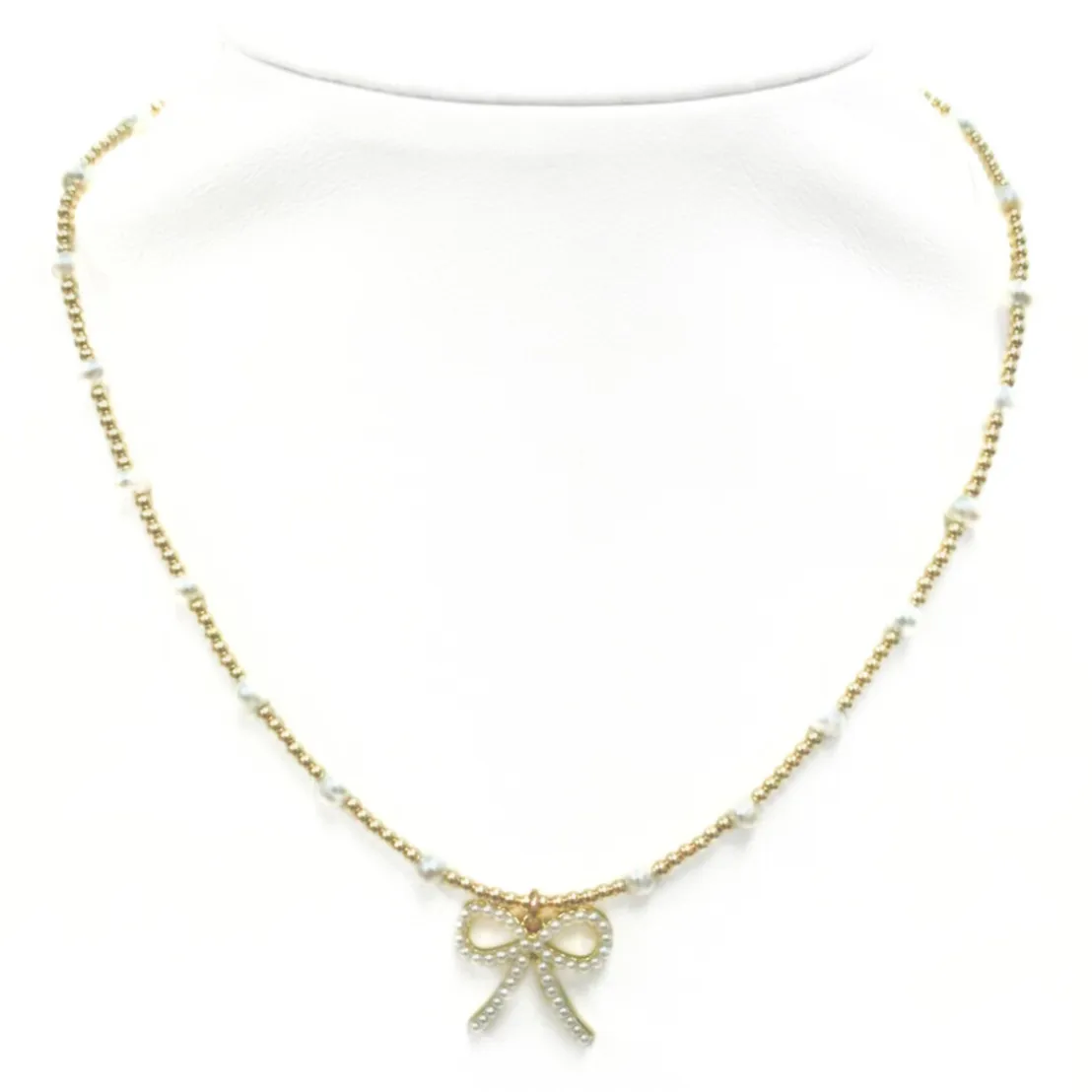 "BARA   FWP BOW" Charm Gold Filled & Pearl Beaded Choker/necklace