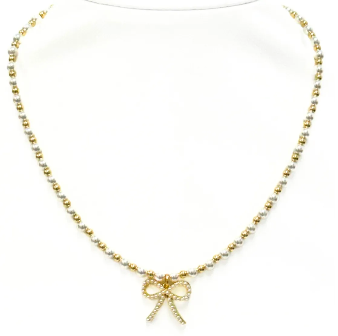 "MAY   FWP BOW" Charm Gold Filled & Pearl Beaded Choker