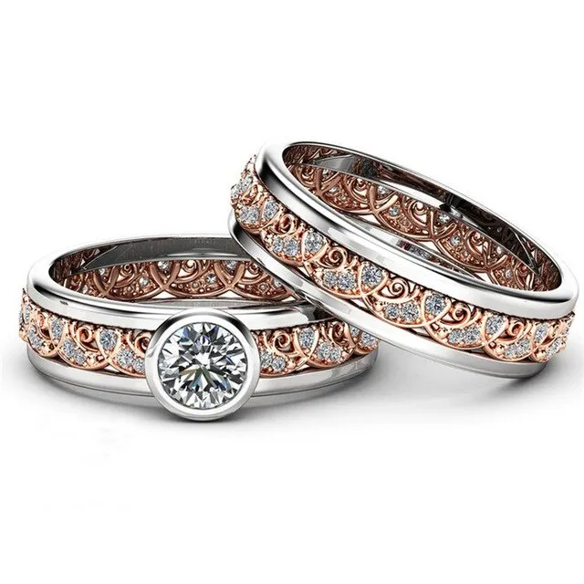 Retro Pattern Cubic Zirconia Stainless Steel Wedding Band Set