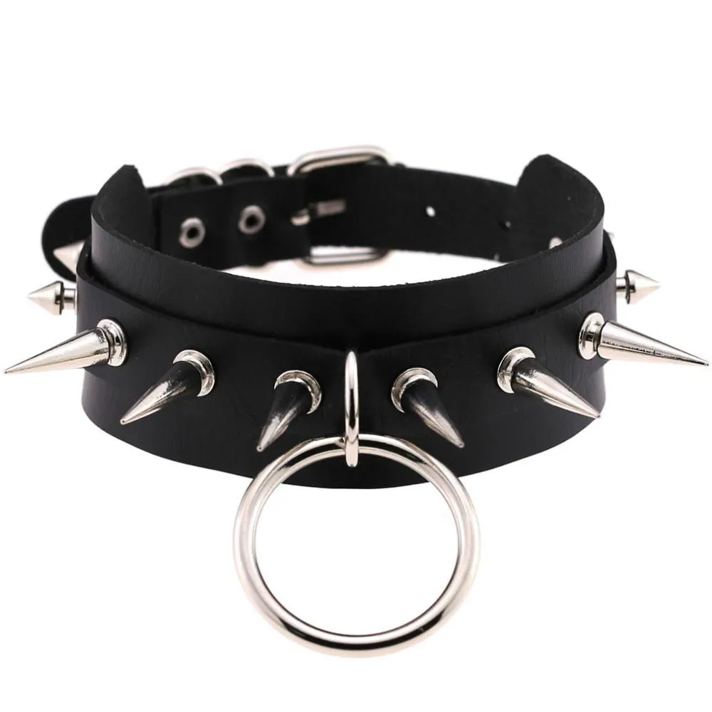 Rock Style O-Round Chokers for Women and Men / Leather Chokers with Spike Rivets