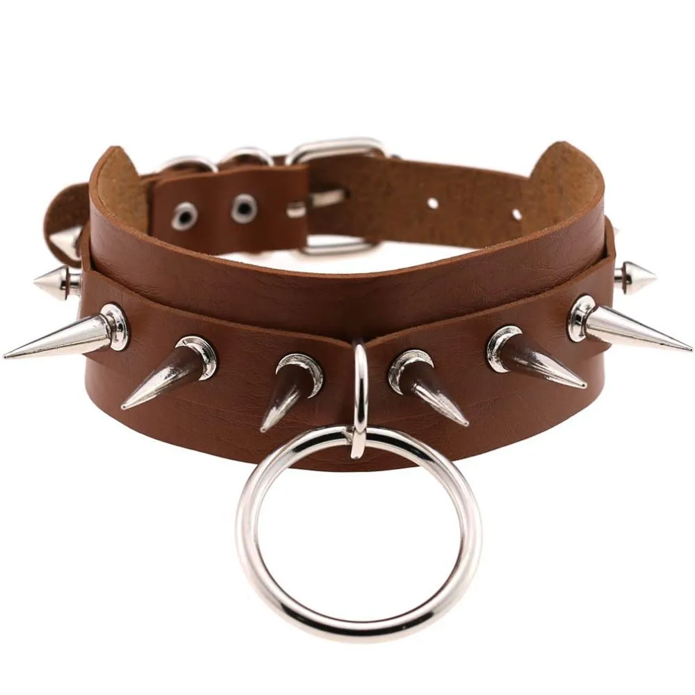 Rock Style O-Round Chokers for Women and Men / Leather Chokers with Spike Rivets