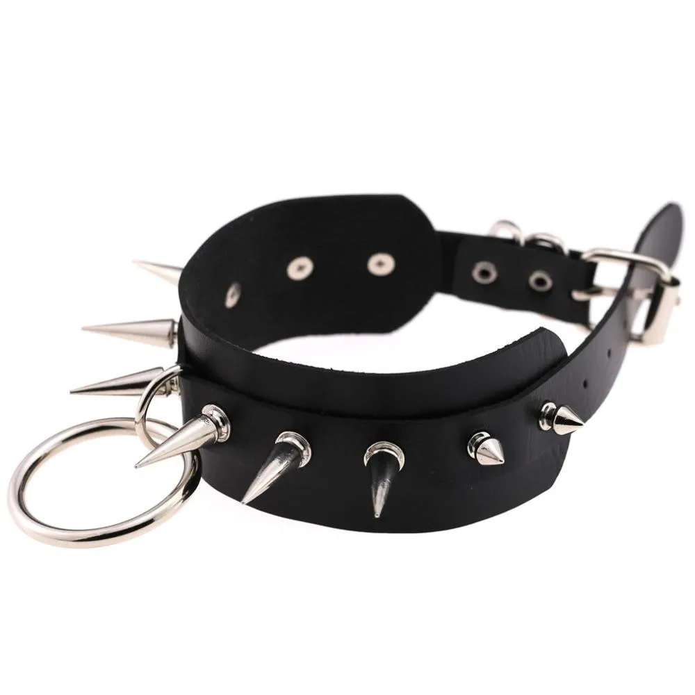 Rock Style O-Round Chokers for Women and Men / Leather Chokers with Spike Rivets