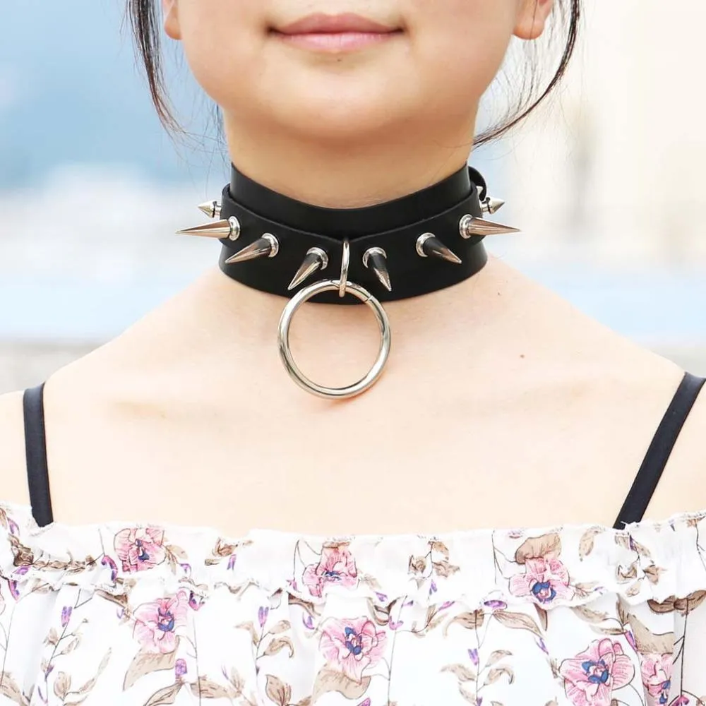 Rock Style O-Round Chokers for Women and Men / Leather Chokers with Spike Rivets