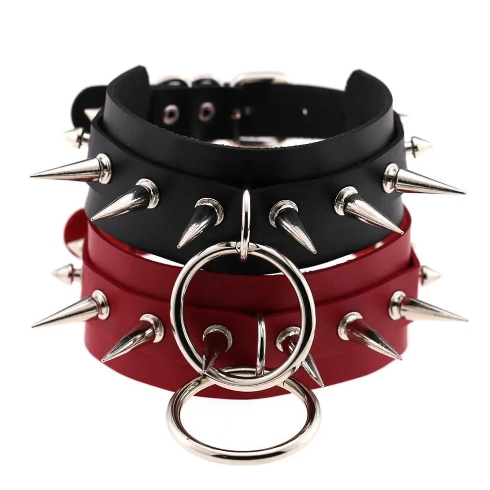 Rock Style O-Round Chokers for Women and Men / Leather Chokers with Spike Rivets