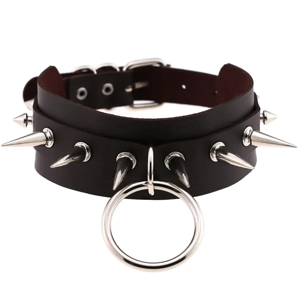 Rock Style O-Round Chokers for Women and Men / Leather Chokers with Spike Rivets