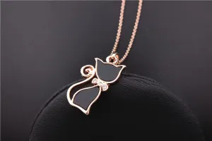 Rose Gold Plated Rhinestone Black Cat Pendant