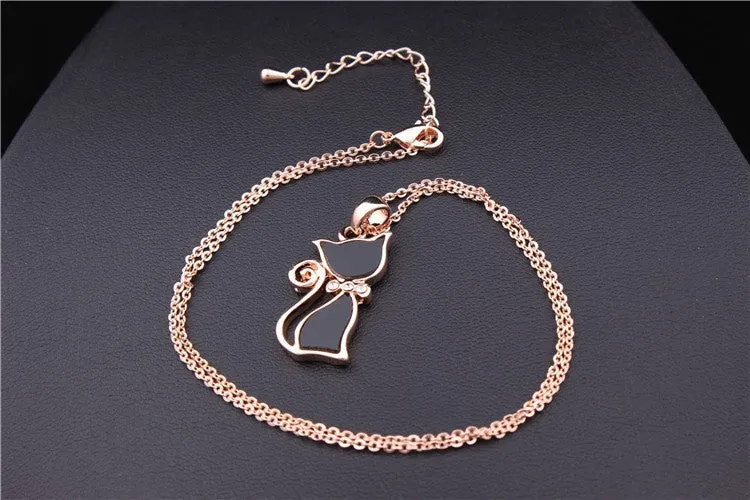 Rose Gold Plated Rhinestone Black Cat Pendant