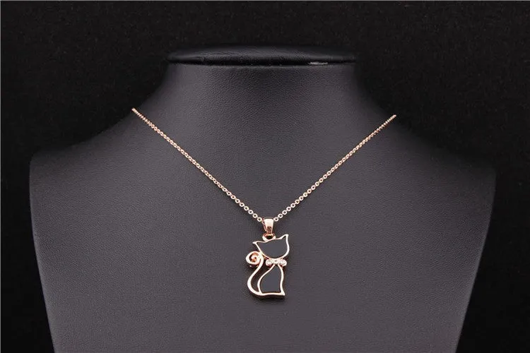 Rose Gold Plated Rhinestone Black Cat Pendant