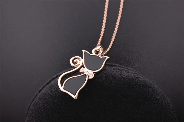 Rose Gold Plated Rhinestone Black Cat Pendant