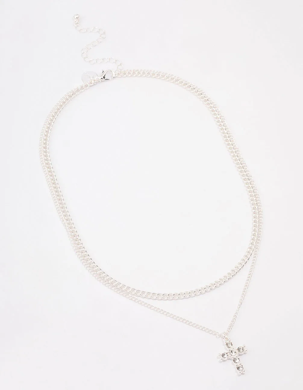 Silver Plated Diamante Cross Layered Curb Necklace