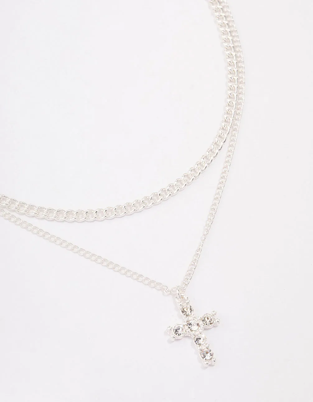 Silver Plated Diamante Cross Layered Curb Necklace