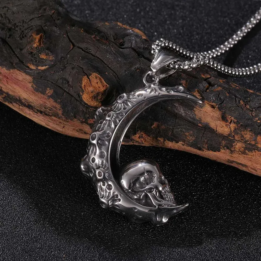 Silver Steel Skull Moon Themed Necklace