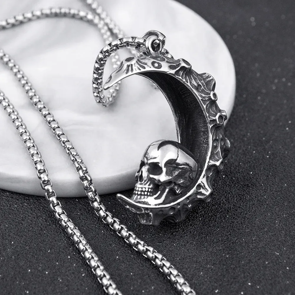 Silver Steel Skull Moon Themed Necklace