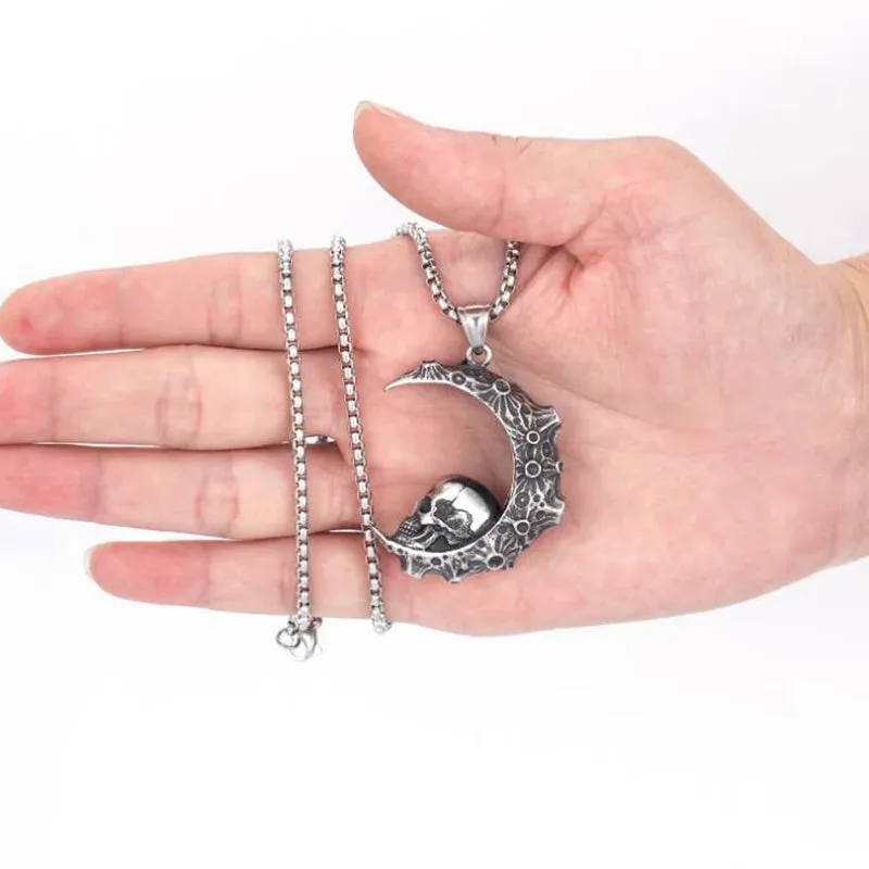 Silver Steel Skull Moon Themed Necklace