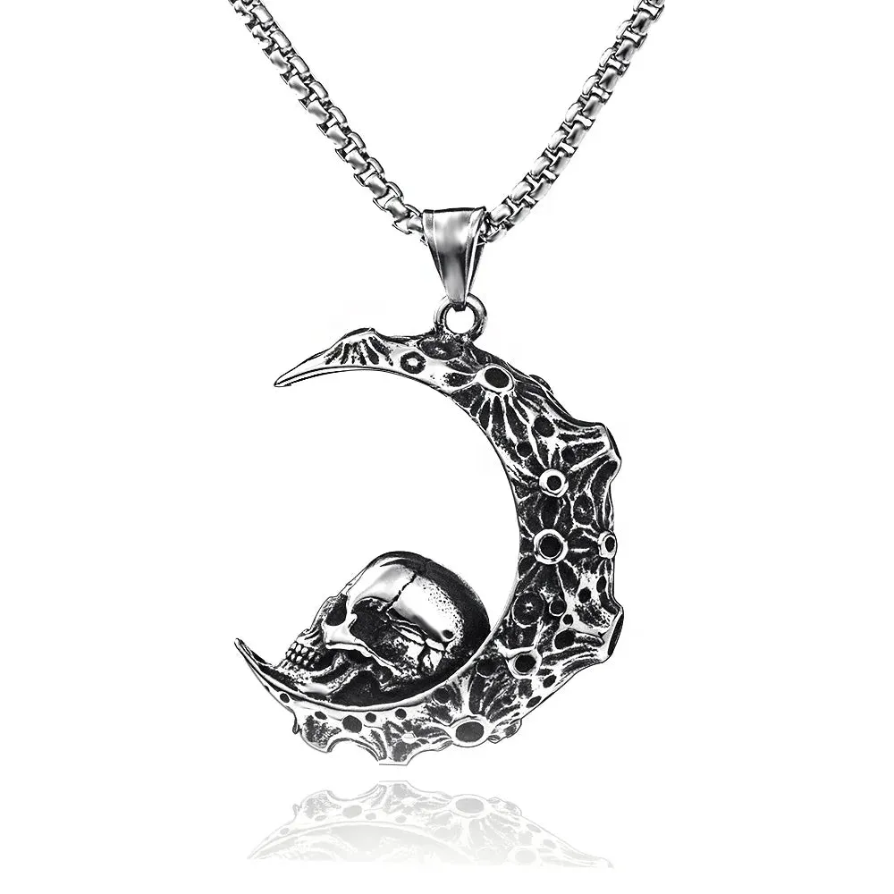 Silver Steel Skull Moon Themed Necklace