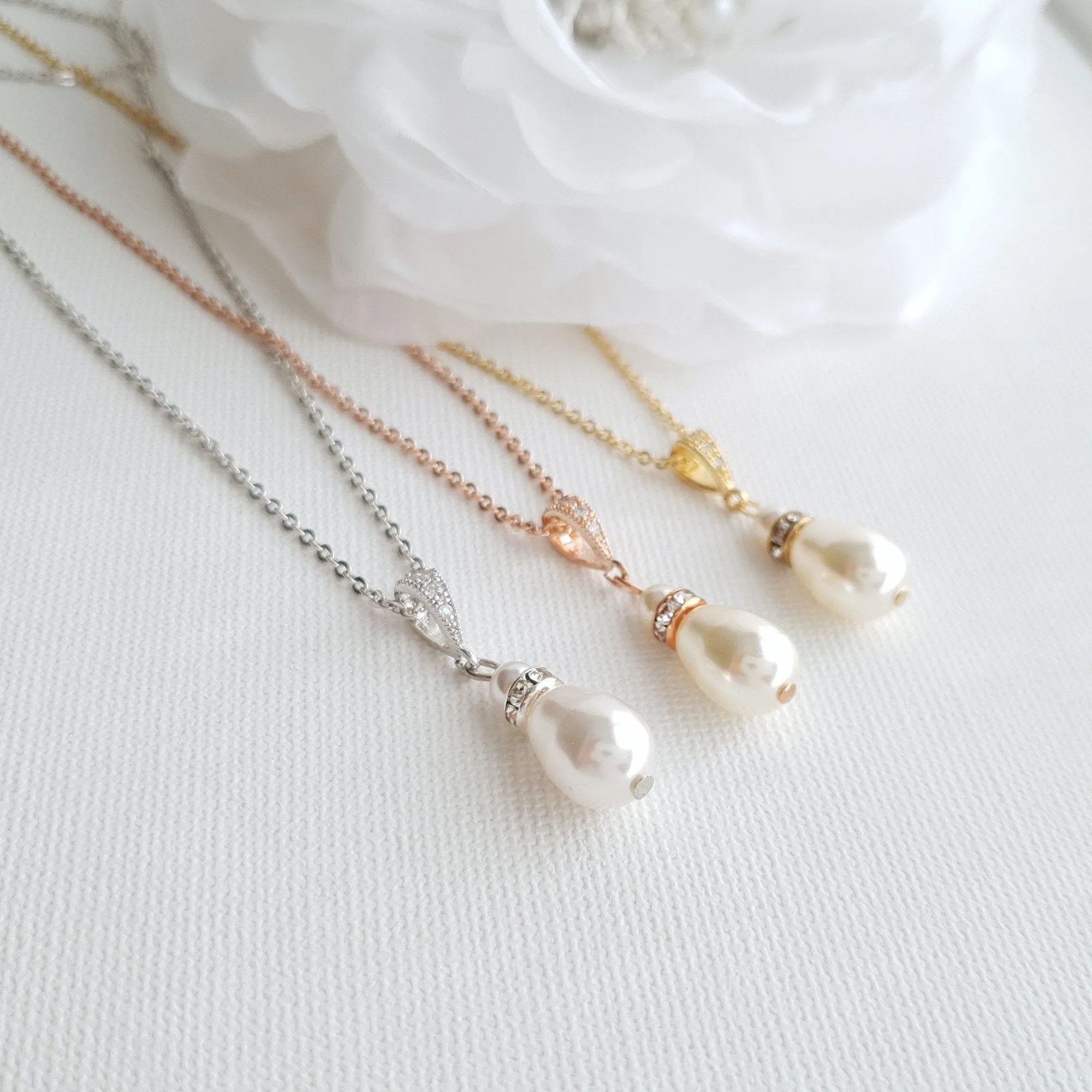 Simple Pearl Wedding Jewelry Set with Pearl Earring,Necklace,Bracelet for Brides-Ella