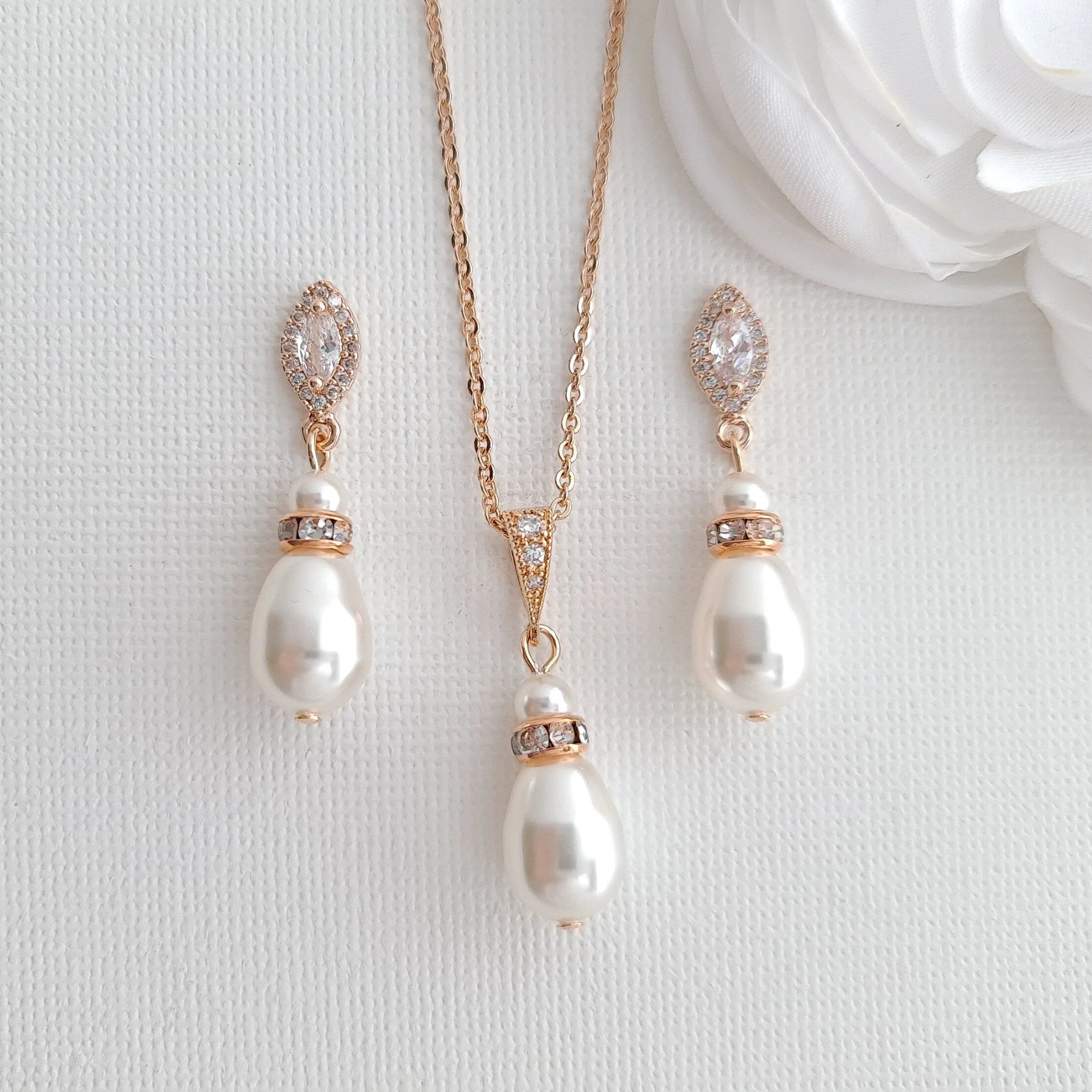 Simple Pearl Wedding Jewelry Set with Pearl Earring,Necklace,Bracelet for Brides-Ella