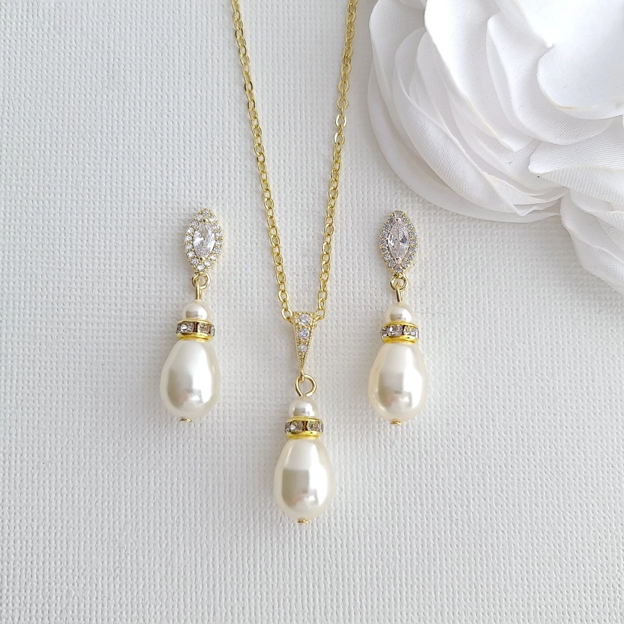 Simple Pearl Wedding Jewelry Set with Pearl Earring,Necklace,Bracelet for Brides-Ella