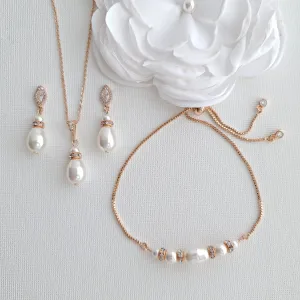 Simple Pearl Wedding Jewelry Set with Pearl Earring,Necklace,Bracelet for Brides-Ella