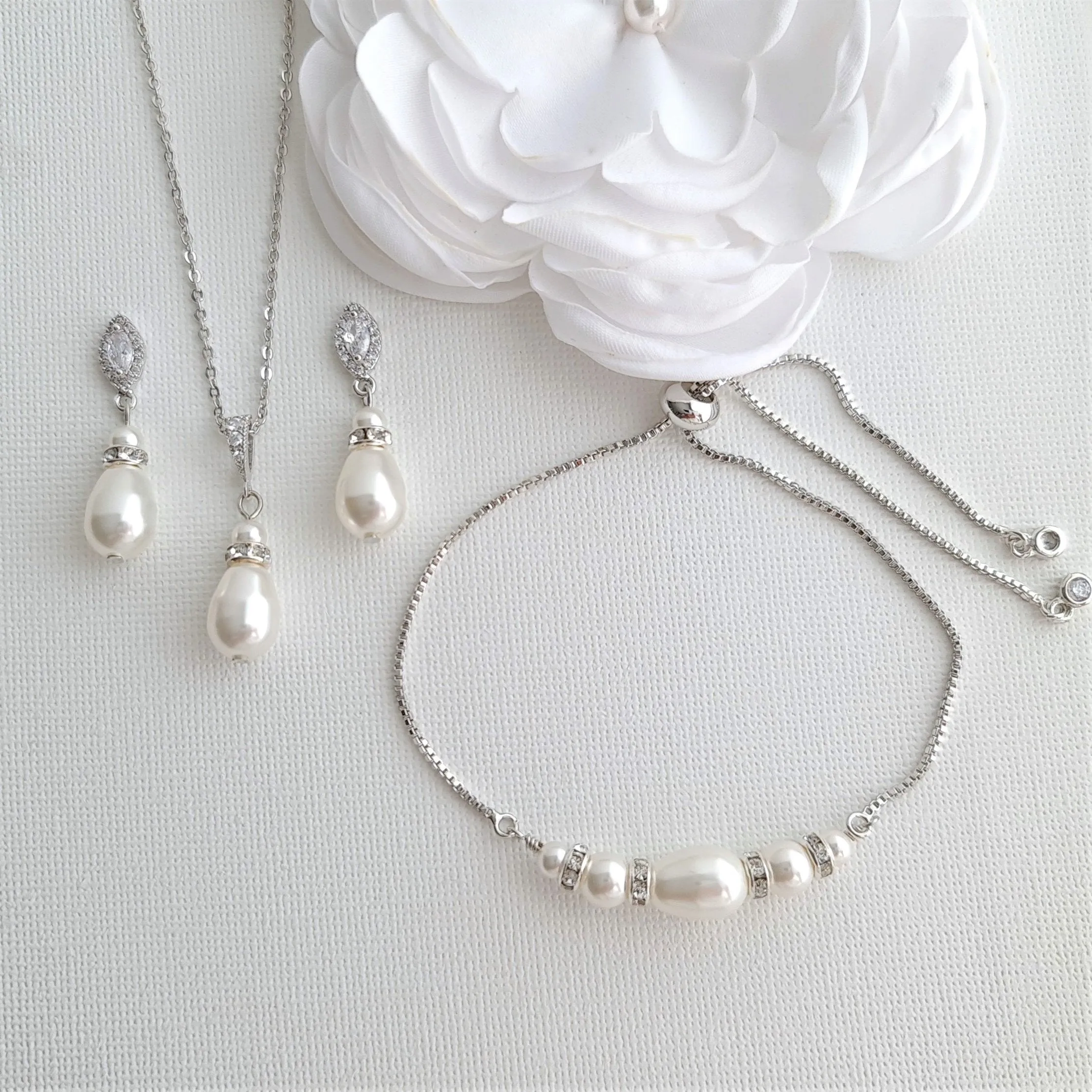 Simple Pearl Wedding Jewelry Set with Pearl Earring,Necklace,Bracelet for Brides-Ella