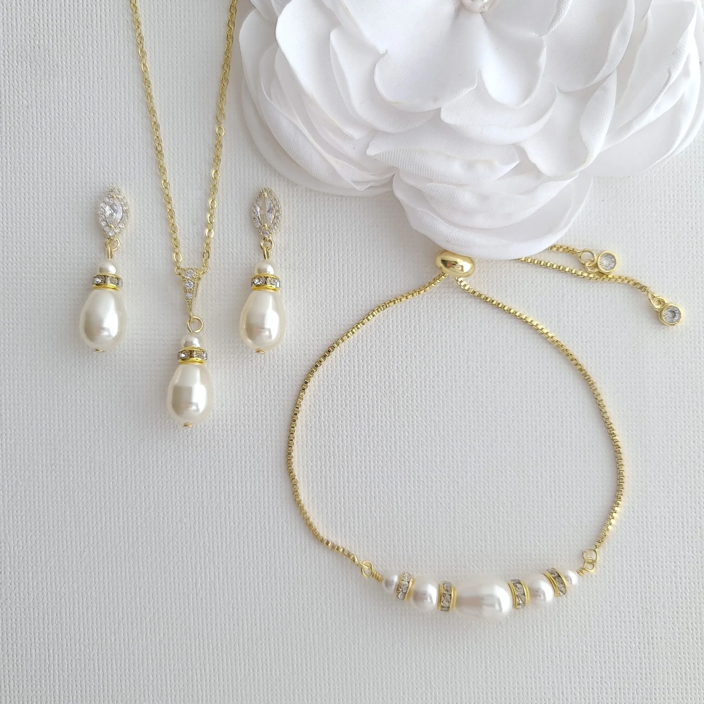 Simple Pearl Wedding Jewelry Set with Pearl Earring,Necklace,Bracelet for Brides-Ella