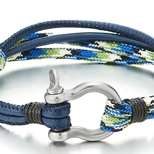 Steel Screw Anchor Shackles Nautical Sailor Rope Cord Leather Wrap Bracelet Wristband for Men and Women, Perfect for Casual Wear or Nautical-Themed Events