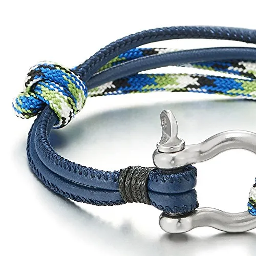 Steel Screw Anchor Shackles Nautical Sailor Rope Cord Leather Wrap Bracelet Wristband for Men and Women, Perfect for Casual Wear or Nautical-Themed Events