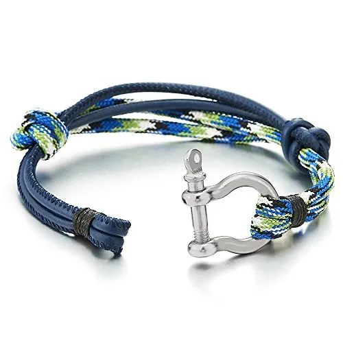 Steel Screw Anchor Shackles Nautical Sailor Rope Cord Leather Wrap Bracelet Wristband for Men and Women, Perfect for Casual Wear or Nautical-Themed Events