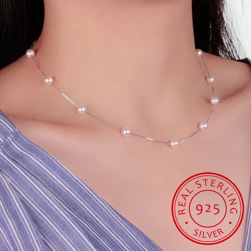 Sterling Silver Jewelry 12 Pcs 6mm Pearl Box Chain Choker Necklace Koley Collarless Bijoux Femme.