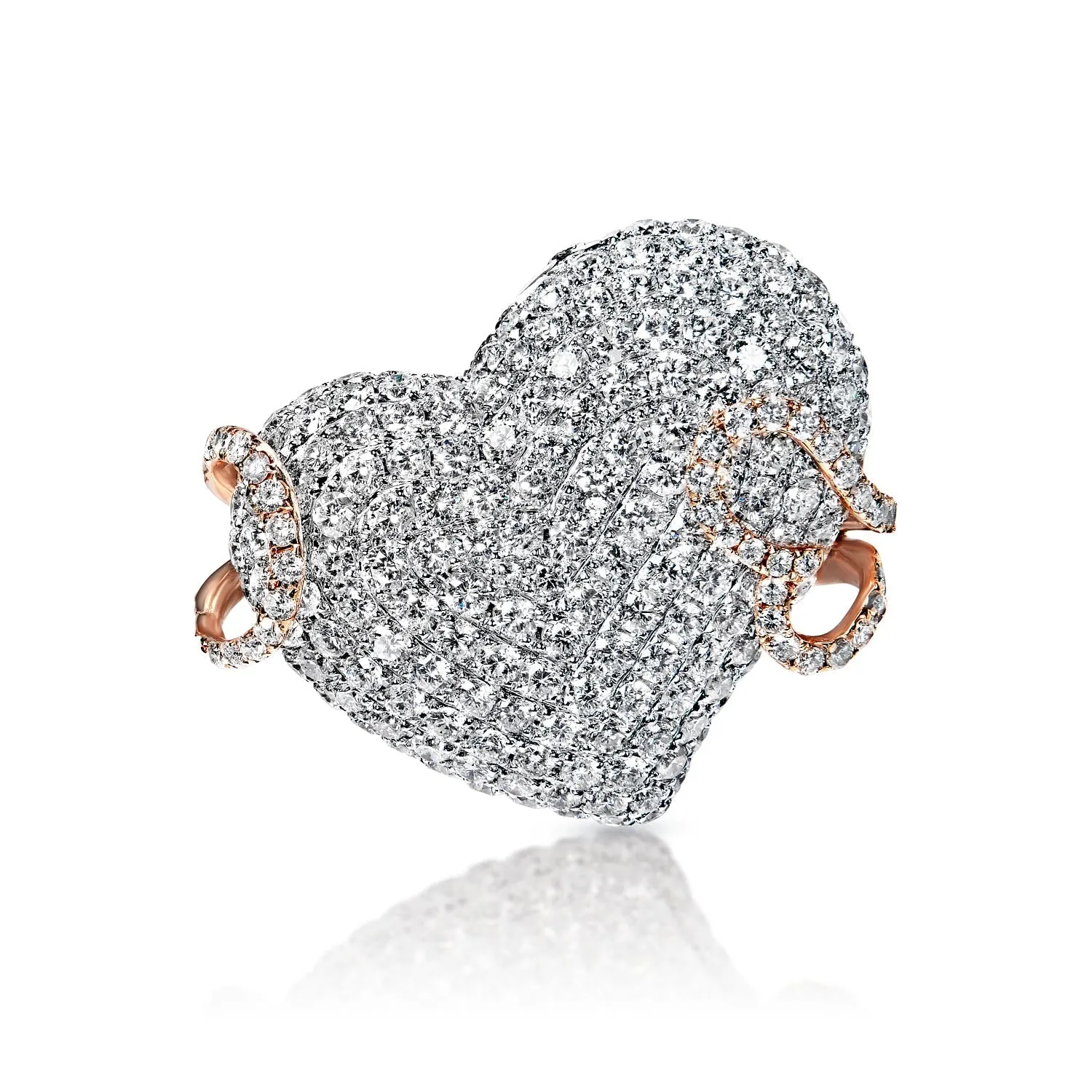 Sutton 5 Carat Round Brilliant Pavé Diamond Heart Ring Convertible to Necklace in 14k Rose and White Gold By Mike Nekta