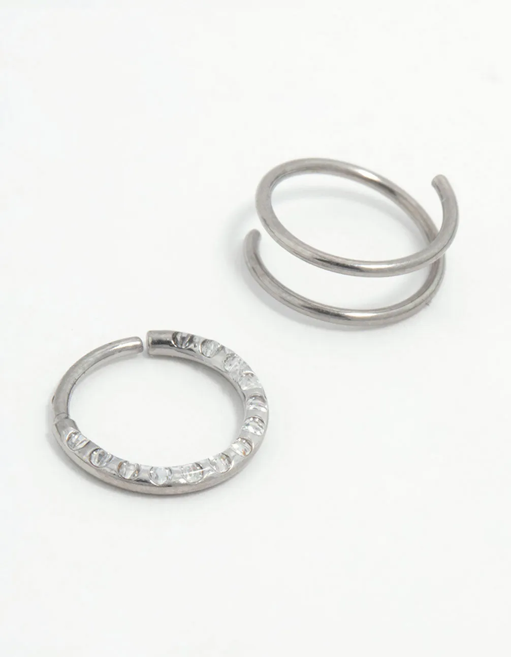 Titanium Cubic Zirconia & Spiral Nose Rings 2-Pack