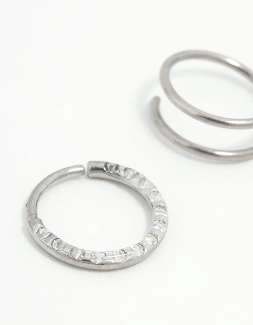 Titanium Cubic Zirconia & Spiral Nose Rings 2-Pack