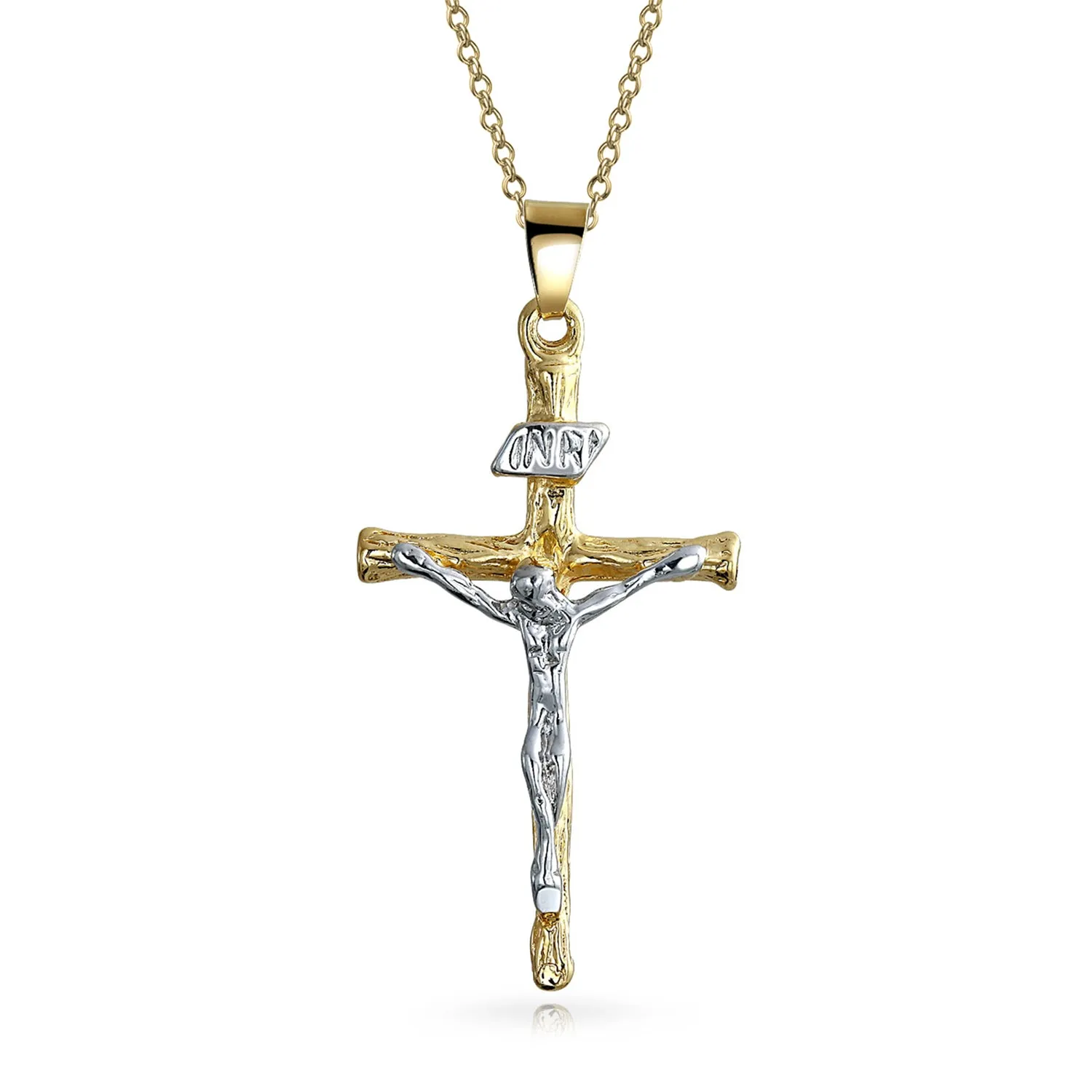 Traditional Jesus Inri Crucifix Cross Pendant Necklace Two Tone 18K Gold Plated