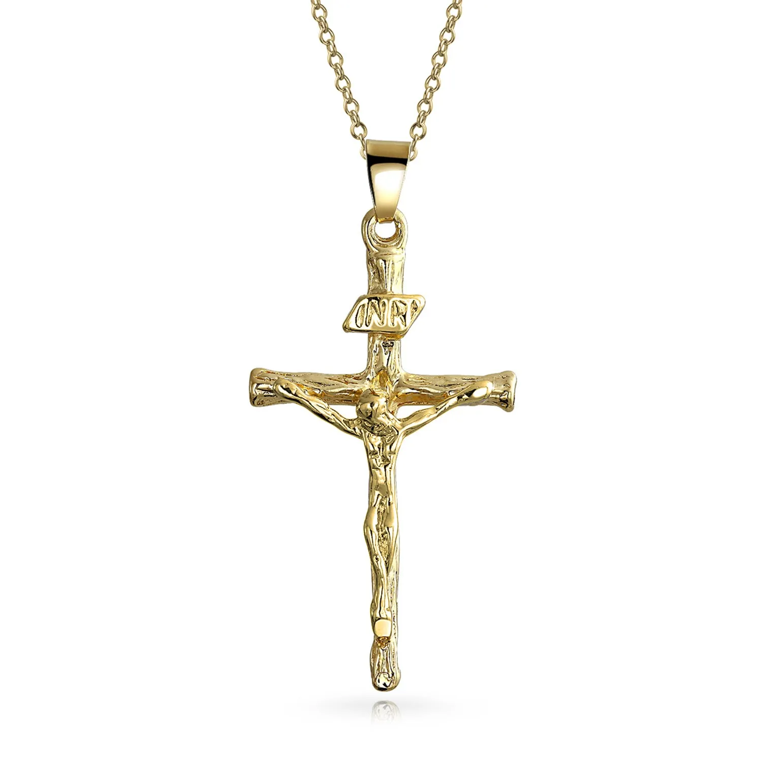 Traditional Jesus Inri Crucifix Cross Pendant Necklace Two Tone 18K Gold Plated