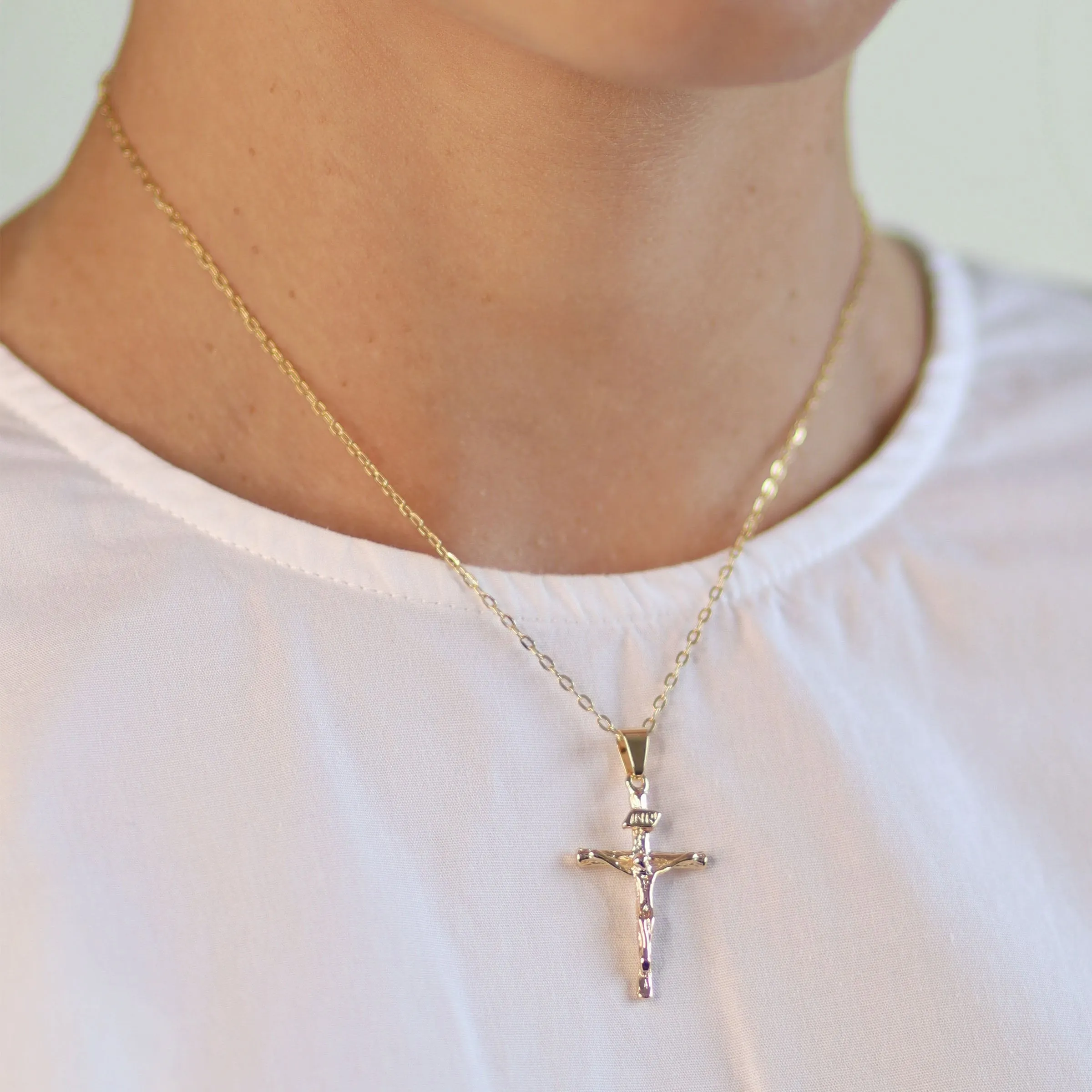 Traditional Jesus Inri Crucifix Cross Pendant Necklace Two Tone 18K Gold Plated