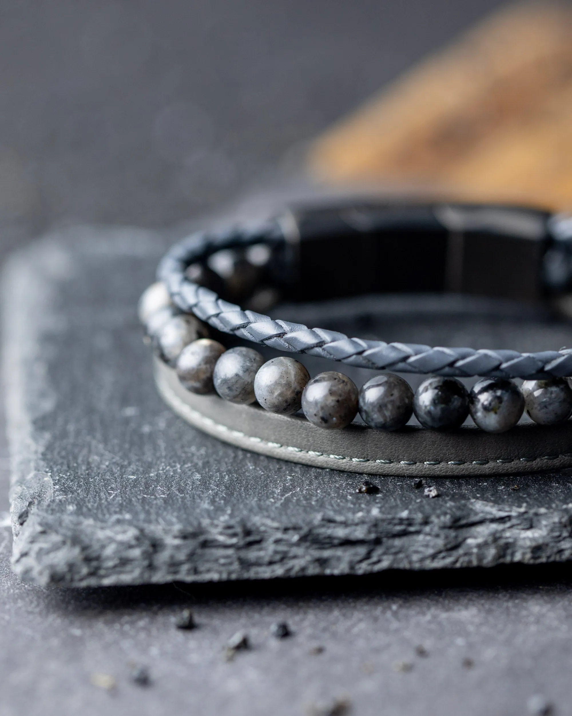 Triple bracelet with 6mm Larvikite stone and Nappa leather