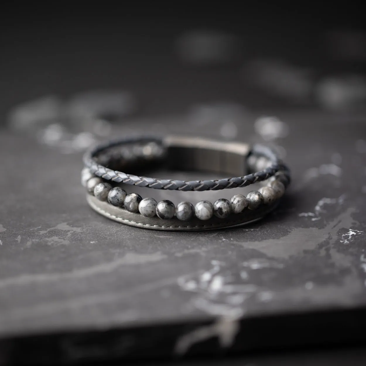 Triple bracelet with 6mm Larvikite stone and Nappa leather