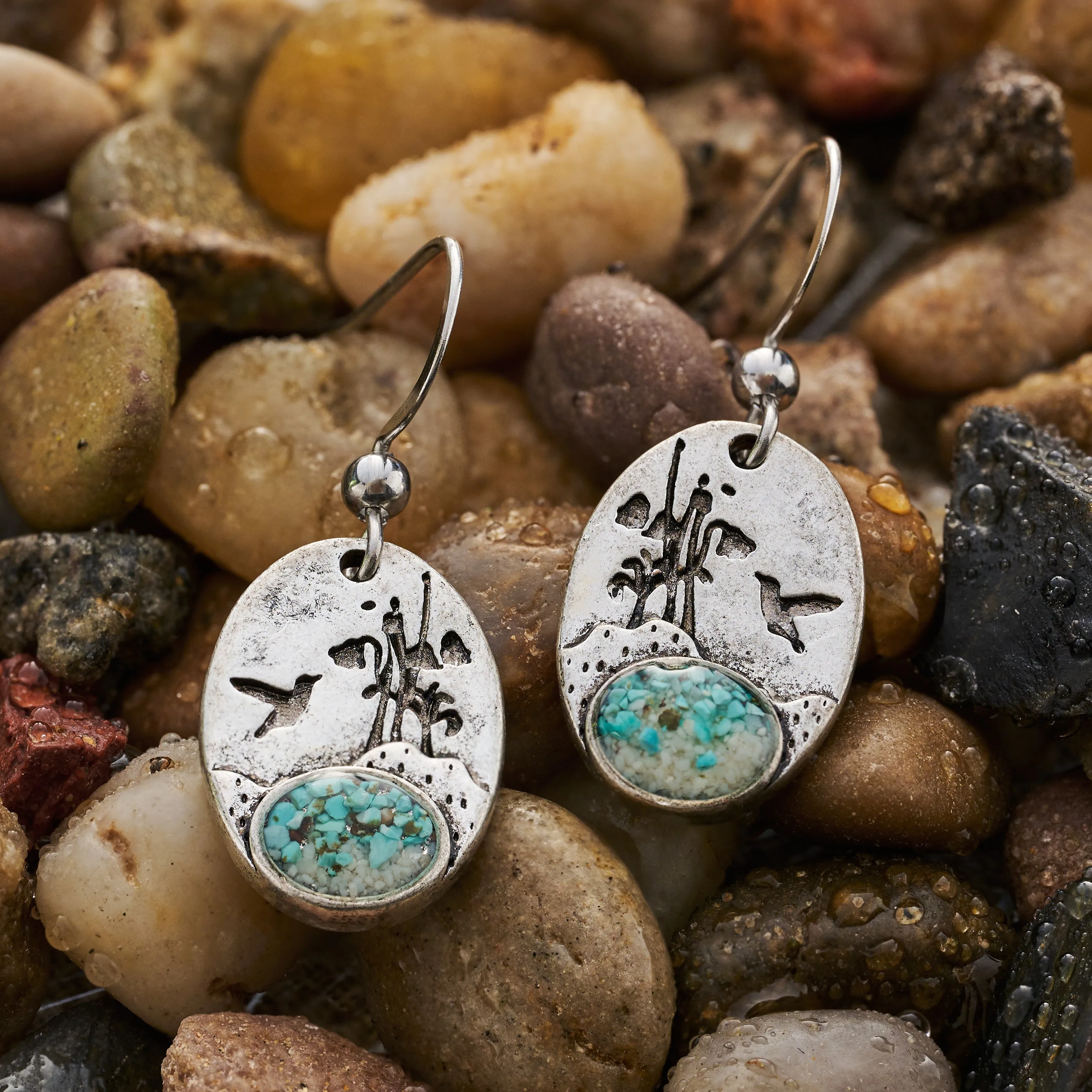 Turquoise Hummingbird Flower Earrings