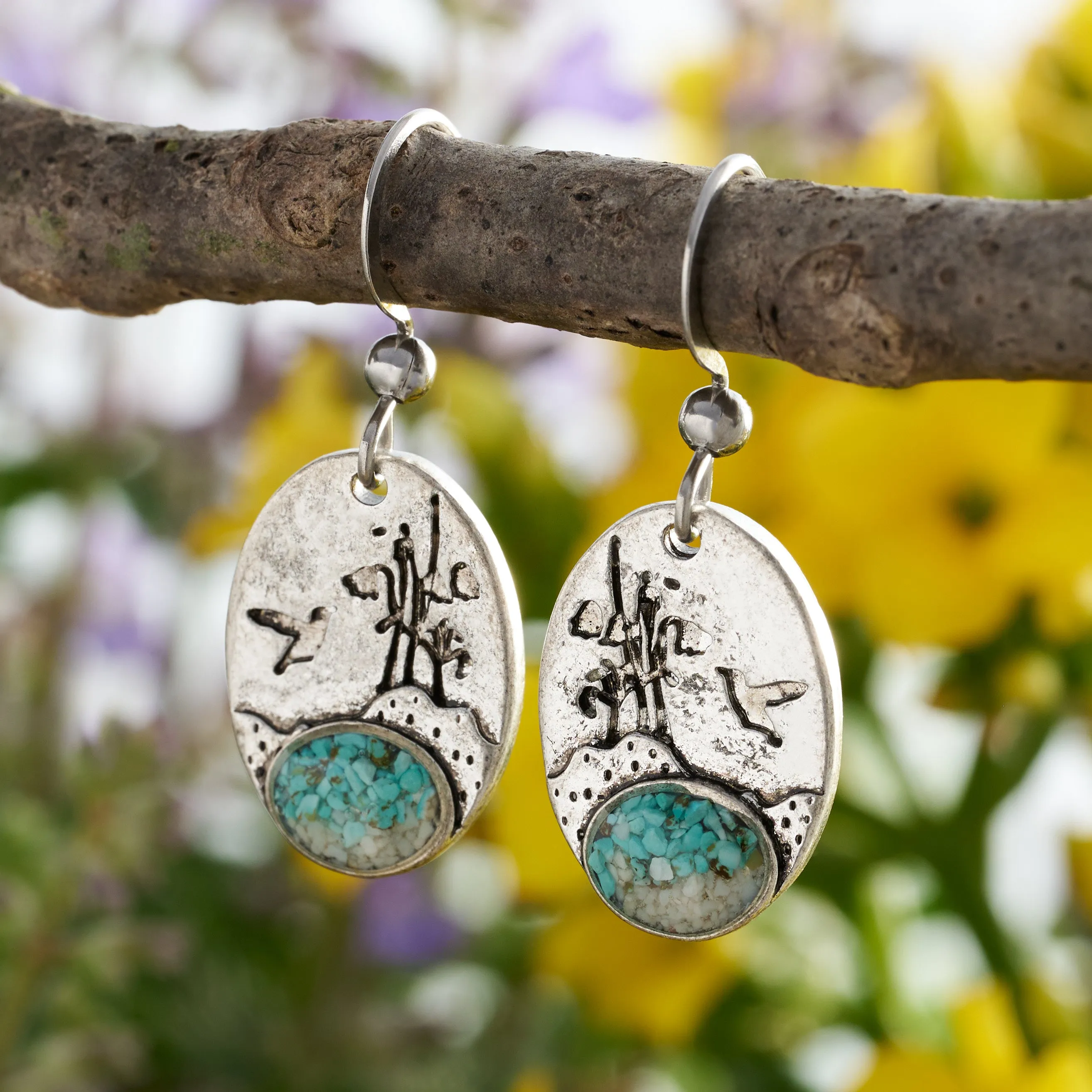 Turquoise Hummingbird Flower Earrings