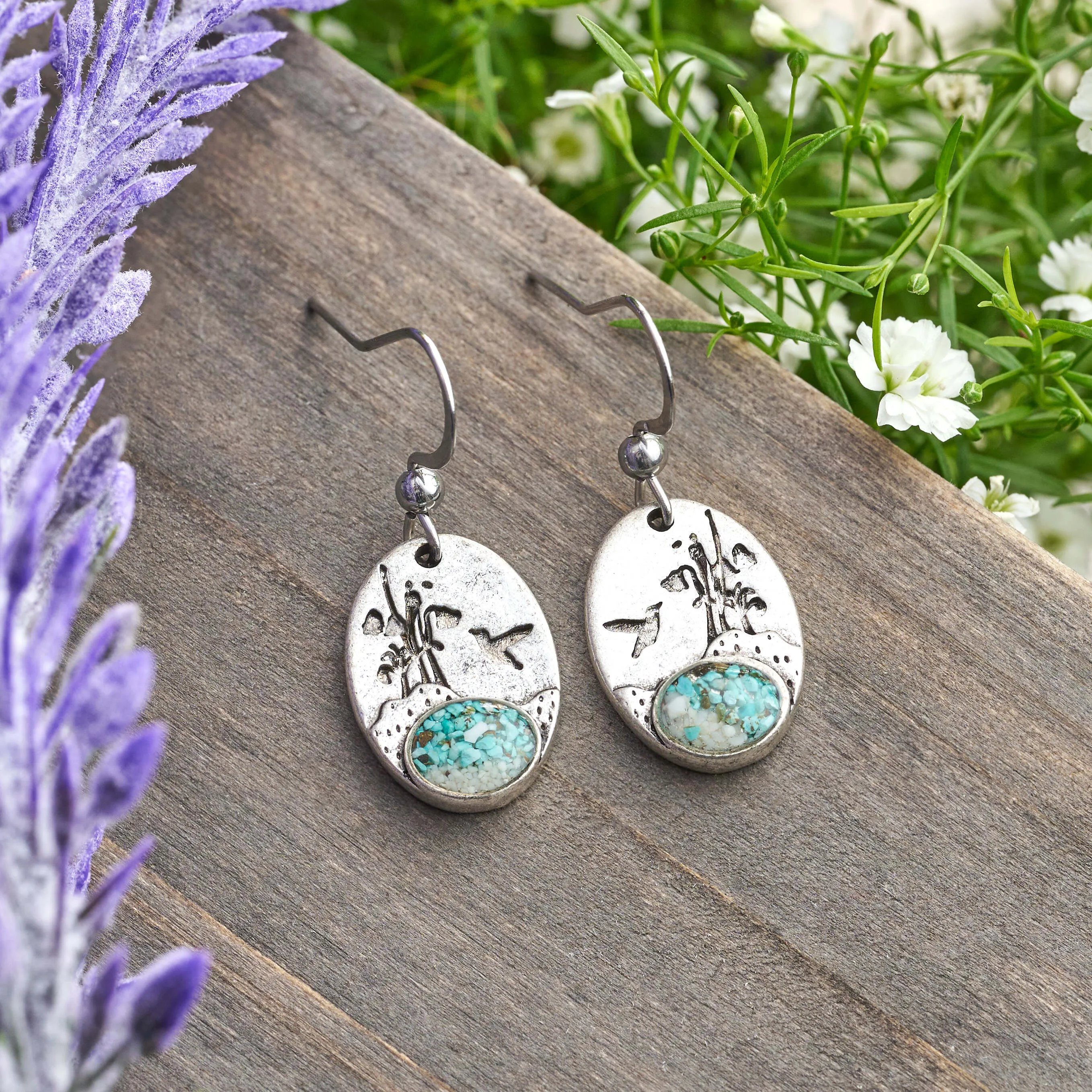 Turquoise Hummingbird Flower Earrings