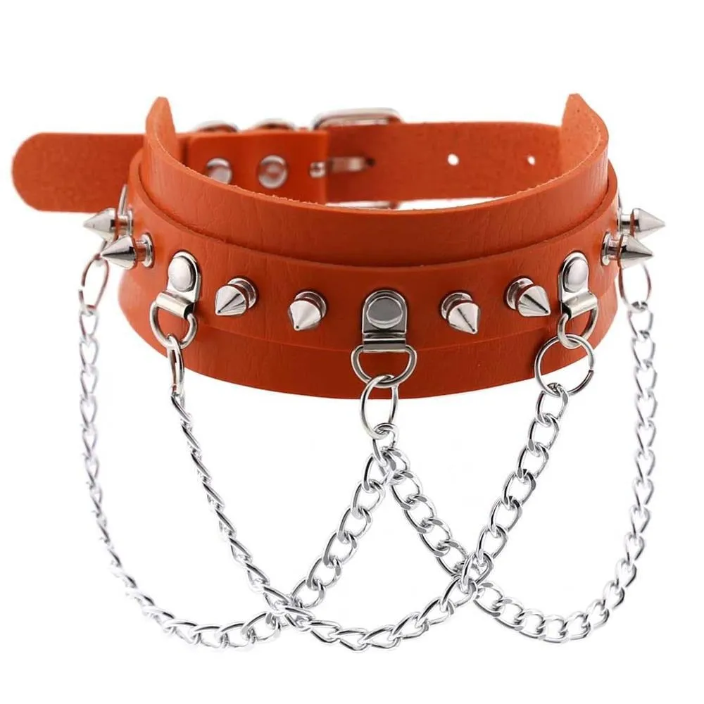 Vegan Leather Gothic Choker With Zinc Alloy Chain / Sexy Spiked Collar / Festival Jewelry