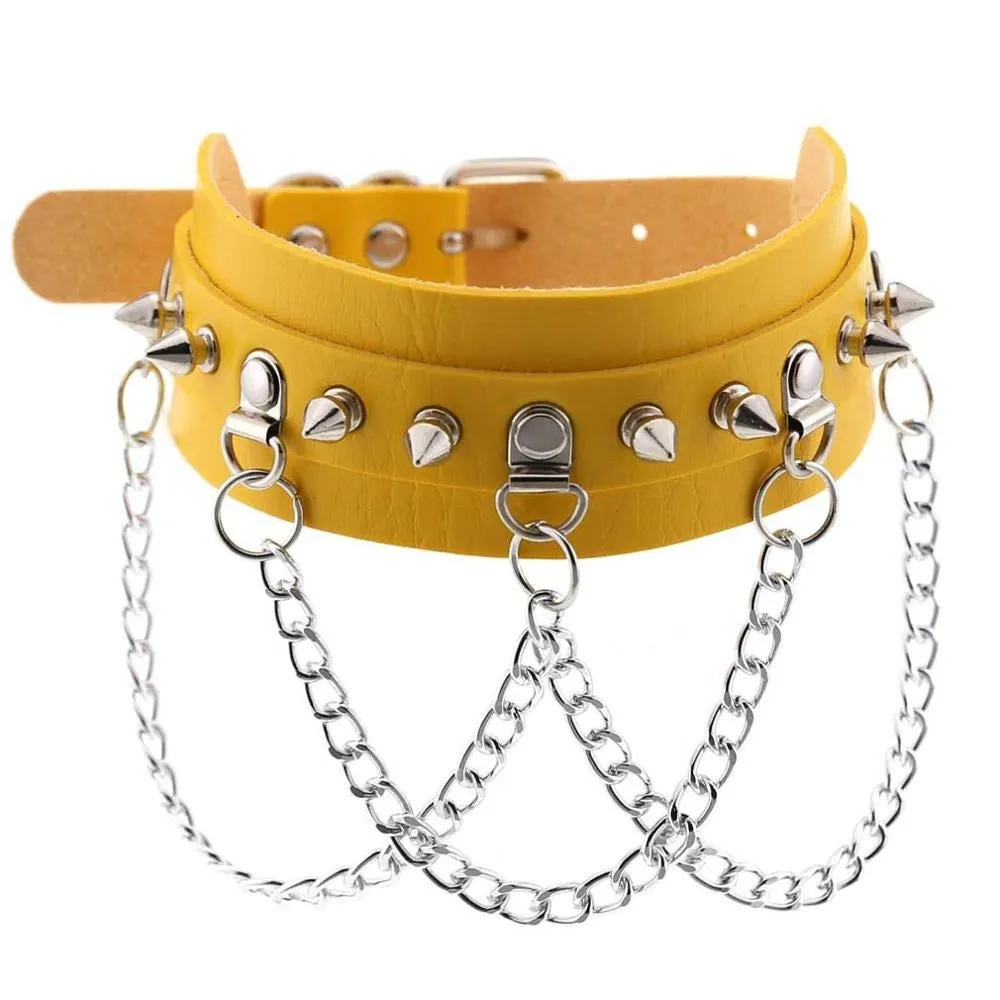 Vegan Leather Gothic Choker With Zinc Alloy Chain / Sexy Spiked Collar / Festival Jewelry