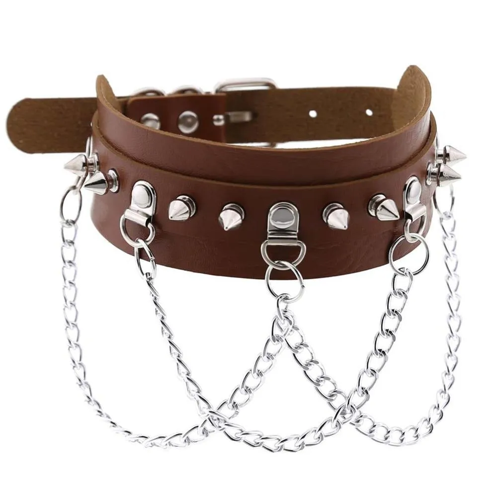 Vegan Leather Gothic Choker With Zinc Alloy Chain / Sexy Spiked Collar / Festival Jewelry