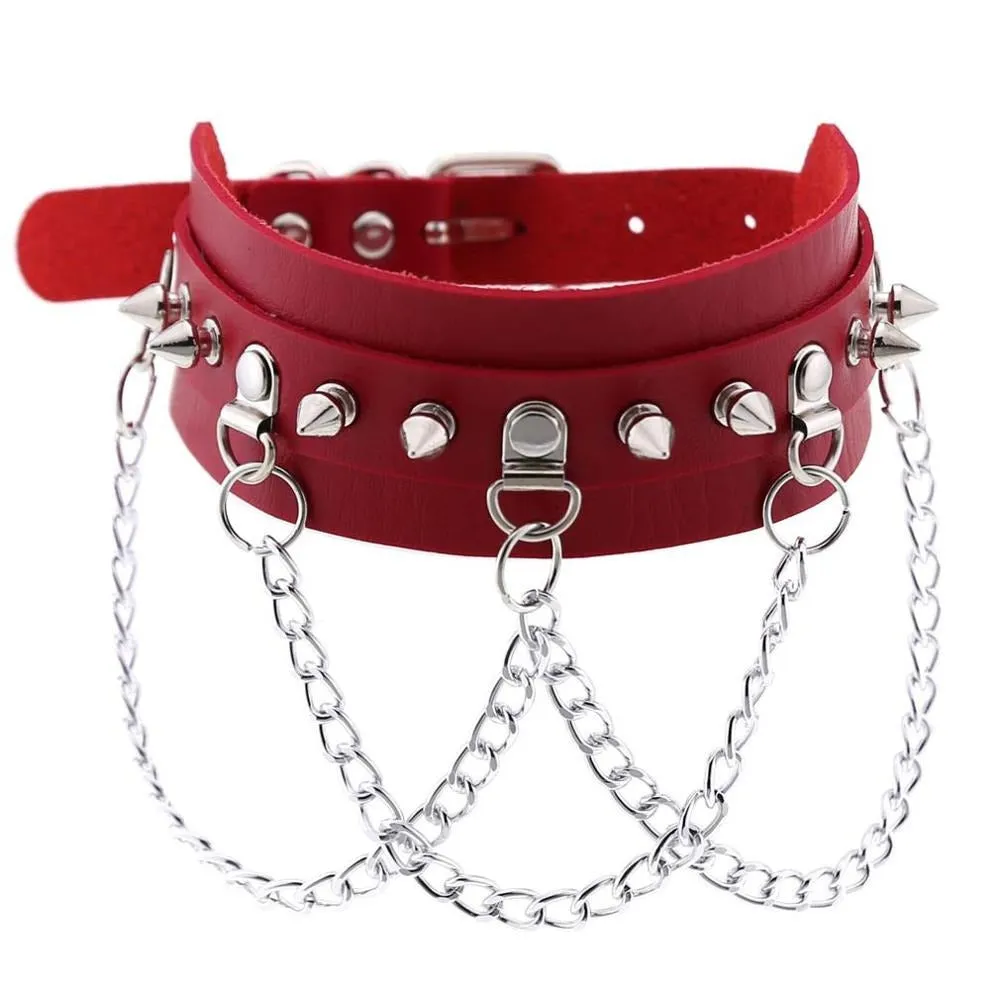 Vegan Leather Gothic Choker With Zinc Alloy Chain / Sexy Spiked Collar / Festival Jewelry