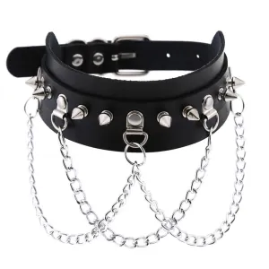 Vegan Leather Gothic Choker With Zinc Alloy Chain / Sexy Spiked Collar / Festival Jewelry