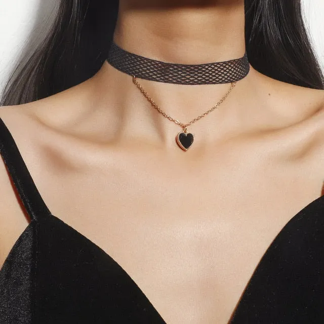 VenusFox Black Leather Velvet Choker Necklace